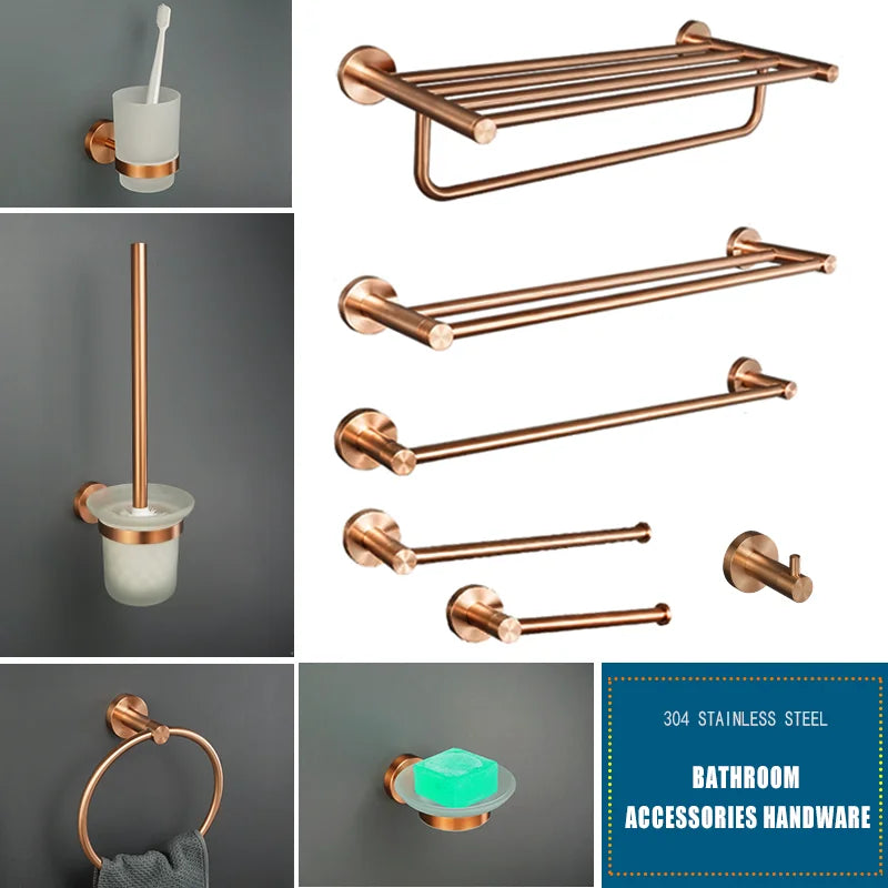 Brushed Rose Gold Bathroom Accessories Set Towel Rack, Tissue Rack, Soap Dish, Toilet Brush, Towel Rack Stainless Steel Hardware