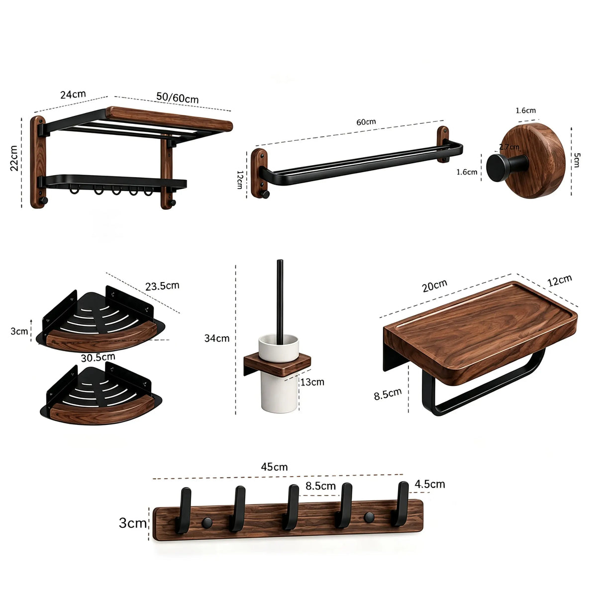 Walnut Wood Bathroom Accessories Set Wall Mounted Towel Rack Shelf Toilet Paper Holder Bathroom Hardware Kit Shower Organizer