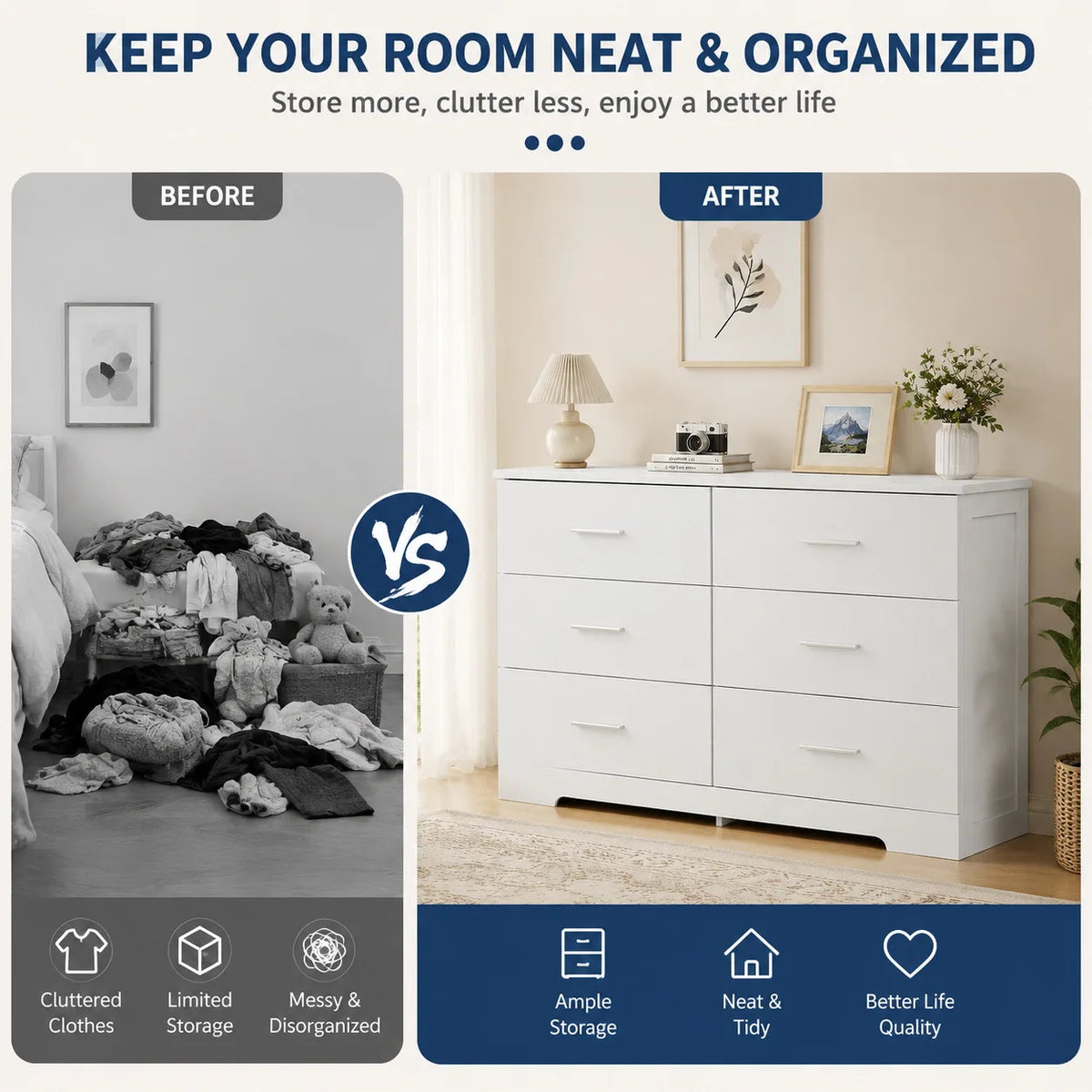 Modern 6 Drawer Dresser White Wood Storage Chest with Metal Handles Bedroom Organizer Cabinet for Living Room Entryway Hallway TV Stand