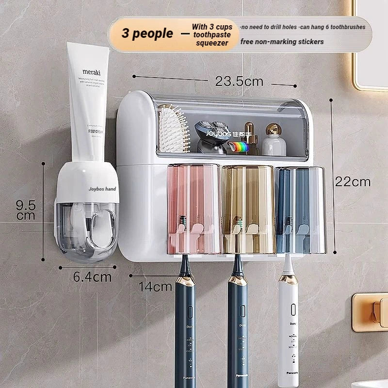 Family Set Toothbrush Holder Wall Mounted No Drill Dust Proof Organizer With Toothpaste Dispenser Bathroom Home Accessories