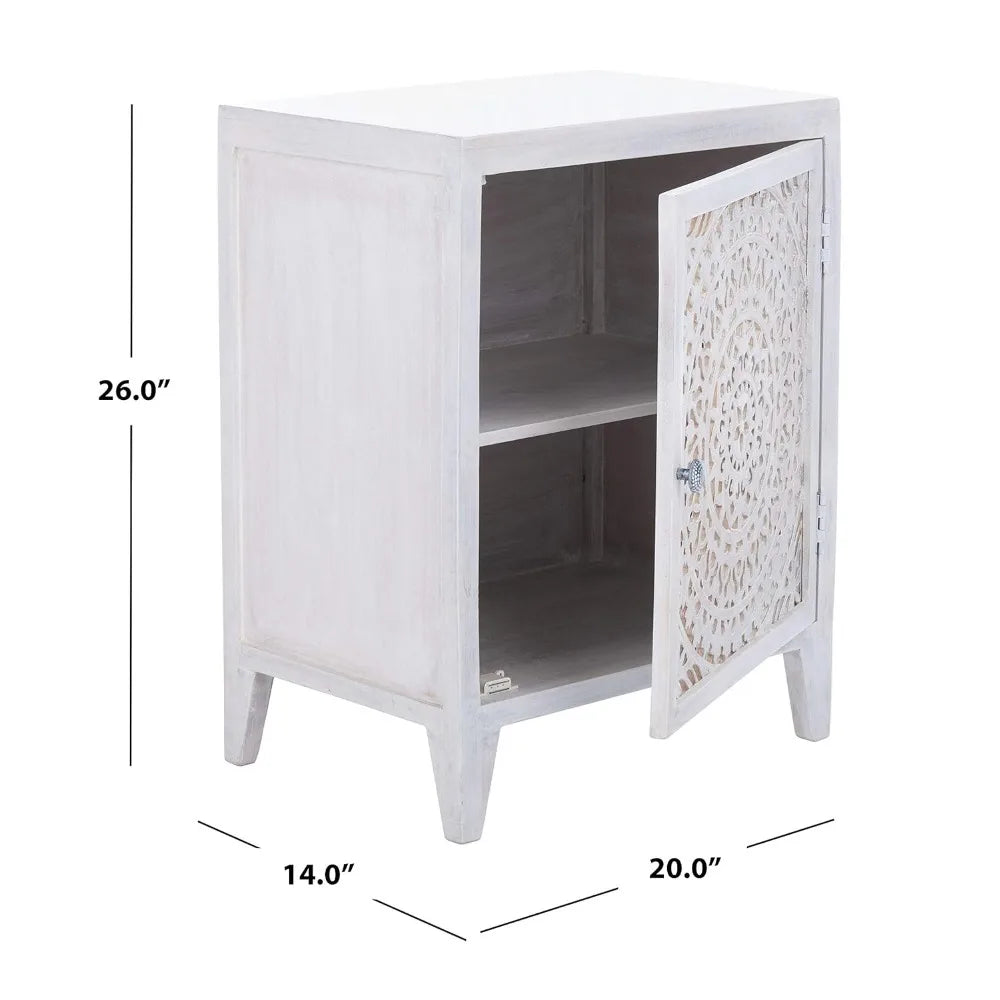 Home Collection – Thea Wash Carved Mandala Door Storage Nightstand, Fully Assembled, Boho Accent Side Table,