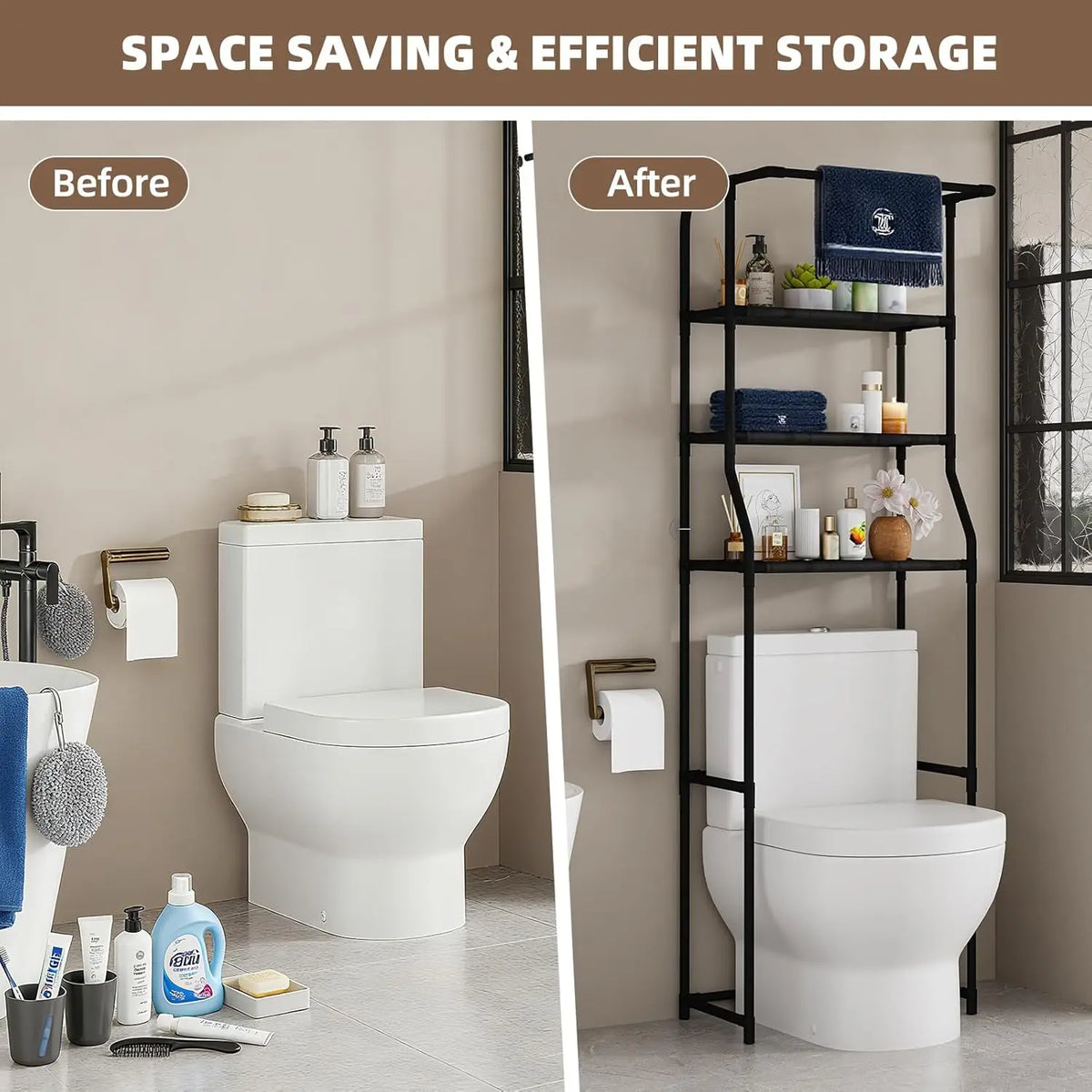Over The Toilet Storage Shelf 3-Tier Freestanding Bathroom Organizer with Towel Rack Space Saver Cabinet Shelves Unit
