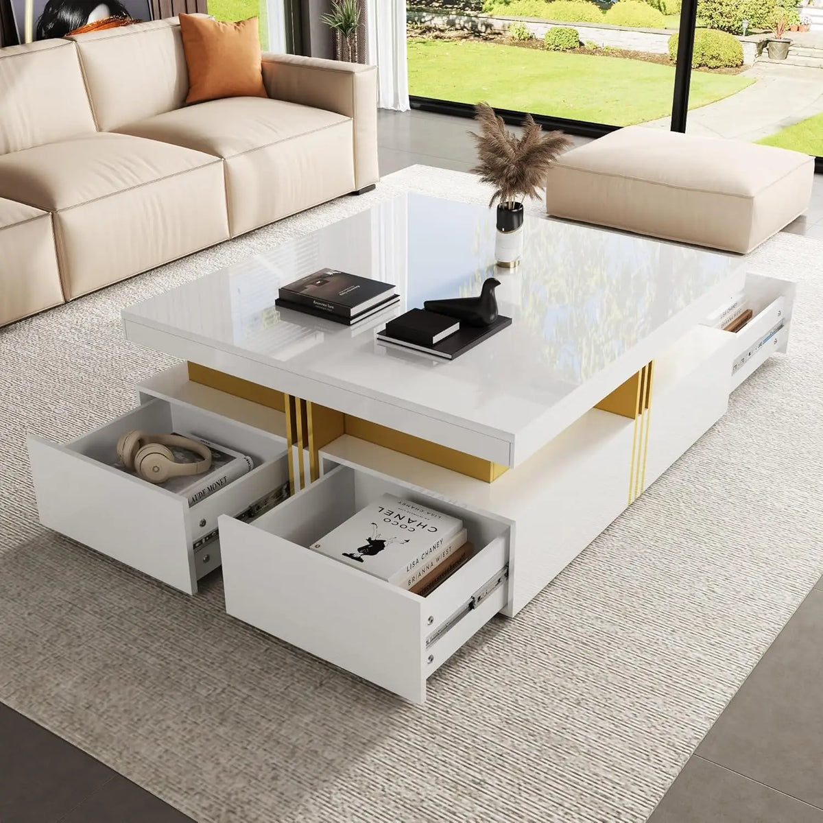 Modern Round Movable Coffee Table with Casters, 2 Drawers, Marble Pattern Sintered Stone Top, White, 29.5",