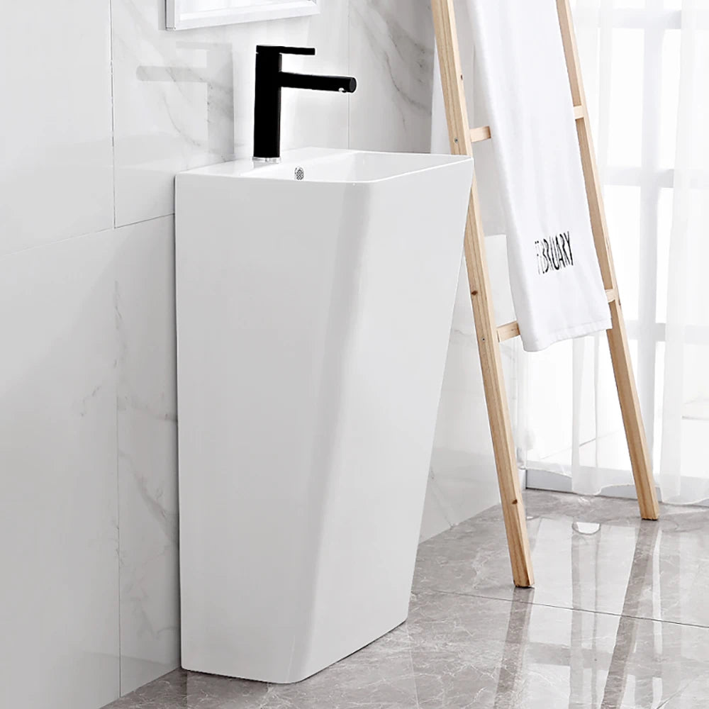 Integrated Pedestal Sink Freestanding Ceramic Wash Basin Small Apartment Bathroom Vanity Narrow Edge Column Washbasin