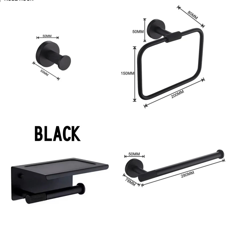 Matt Black Wall-mounted Elegant Bathroom Set Paper Towel Stick Toilet Bathrobe Hook Double Cup Holder Double Soap Dispenser
