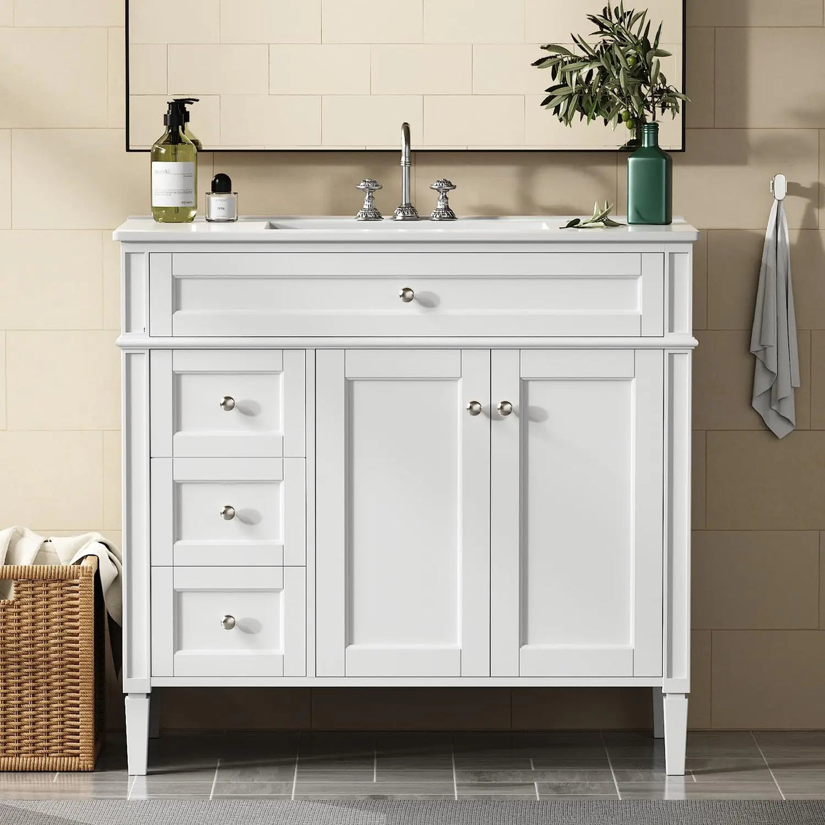 36" Bathroom Vanity with Sink, Solid Wood Frame Modern Bathroom Vanity, Bathroom Single Sink Cabinet with Charging,