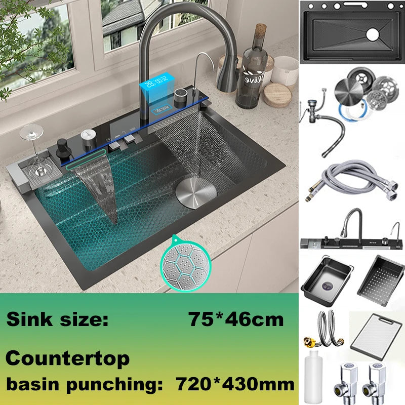Stainless Steel Kitchen Sink Large Single Slot Multifunctional Waterfall Digital Display Faucet Wash Dish Bowl Undermount Basin