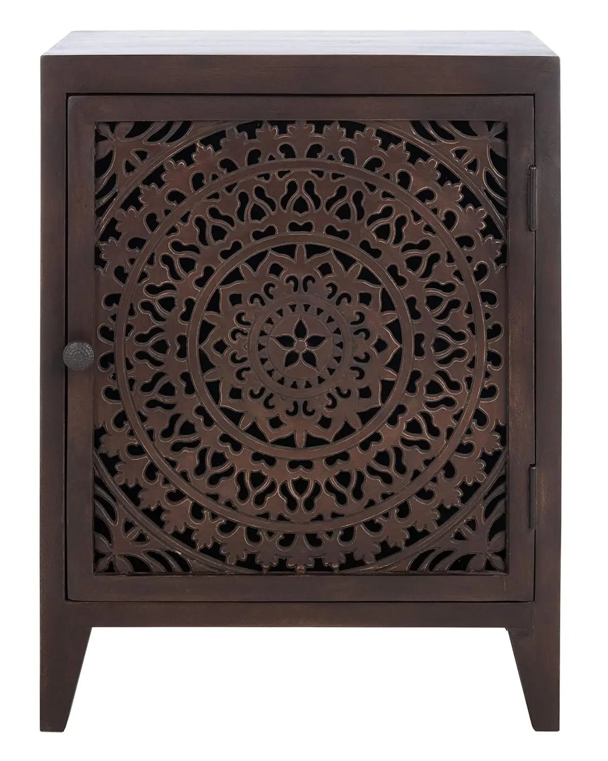Home Collection – Thea Wash Carved Mandala Door Storage Nightstand, Fully Assembled, Boho Accent Side Table,