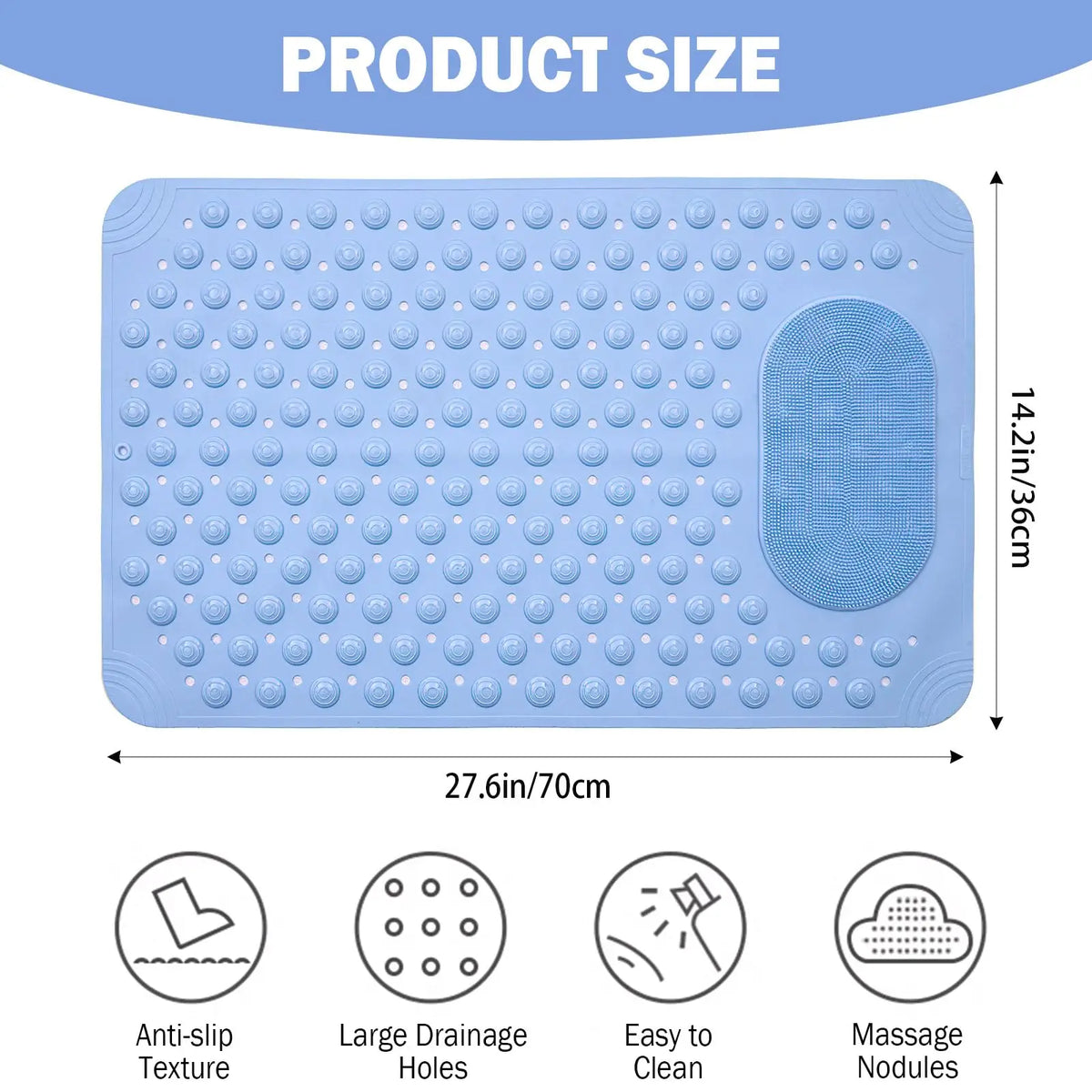Non-Slip Bath Mat with Massage Feature Oblong Shower Floor Rug Non-Textile Water Absorbent Bathroom Mat with Suction Cups