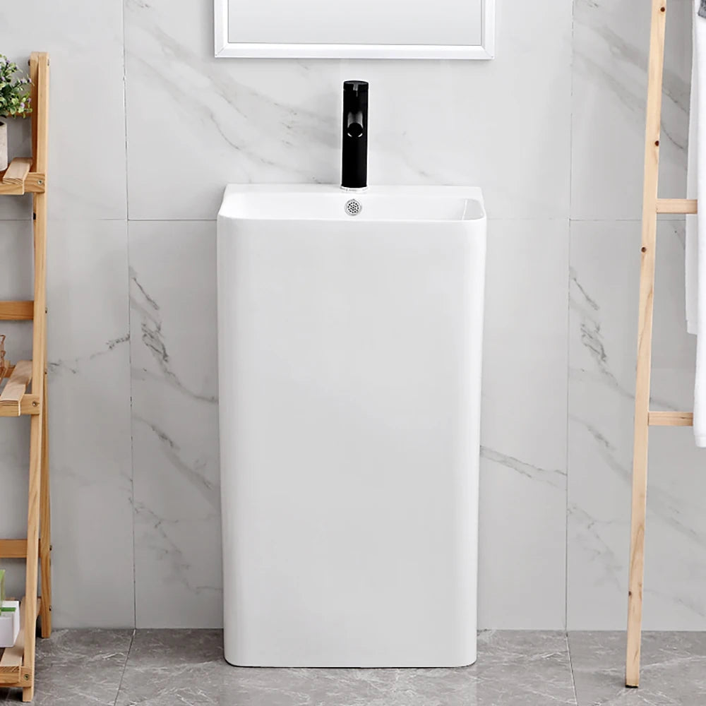 Integrated Pedestal Sink Freestanding Ceramic Wash Basin Small Apartment Bathroom Vanity Narrow Edge Column Washbasin