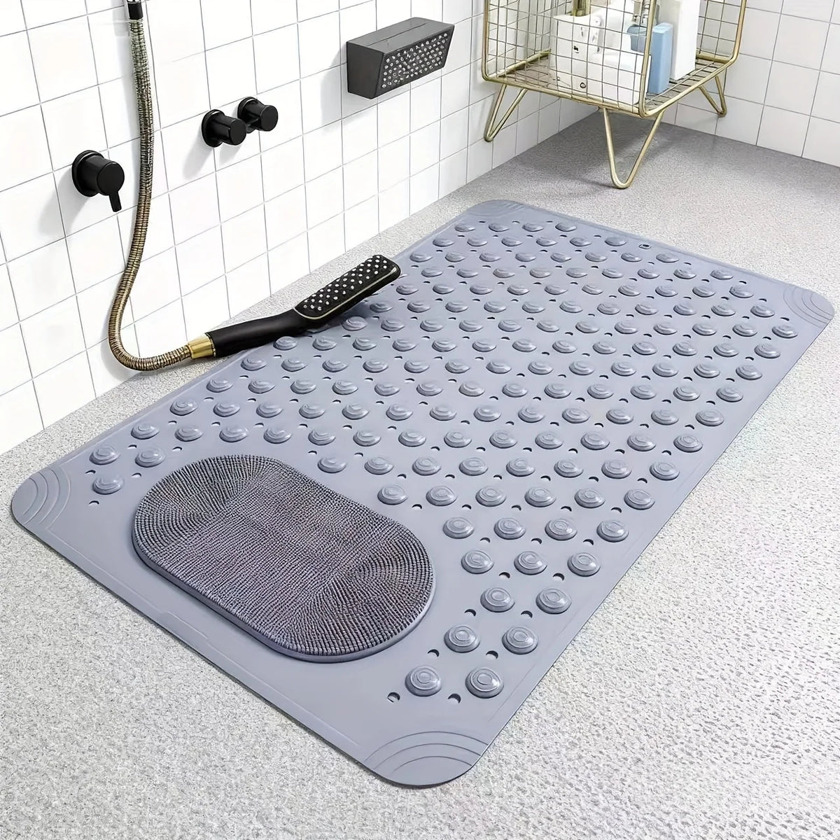 Non-Slip Bath Mat with Massage Feature Oblong Shower Floor Rug Non-Textile Water Absorbent Bathroom Mat with Suction Cups