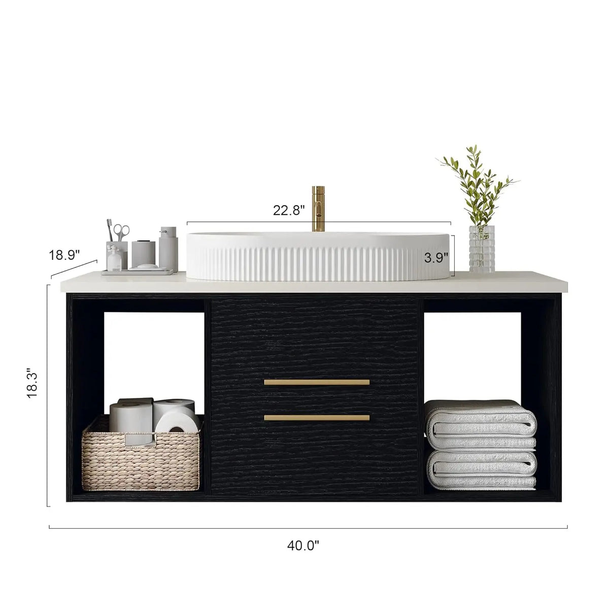 40" Modern Floating Bathroom Vanity with Premium AAA Grade Ceramic Sink, Wall-Mounted Solid Wood Cabinet, 2 Drawers,