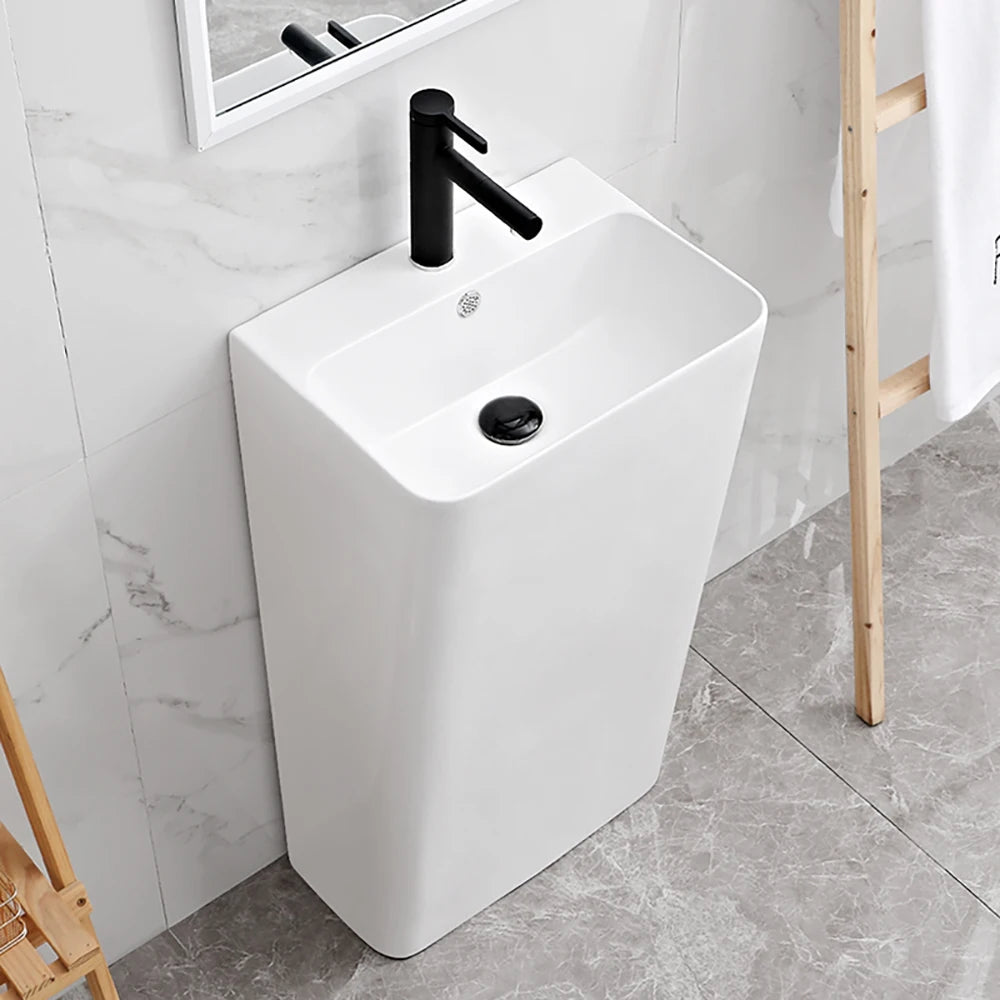 Integrated Pedestal Sink Freestanding Ceramic Wash Basin Small Apartment Bathroom Vanity Narrow Edge Column Washbasin