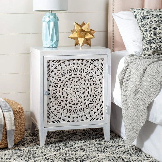 Home Collection – Thea Wash Carved Mandala Door Storage Nightstand, Fully Assembled, Boho Accent Side Table,