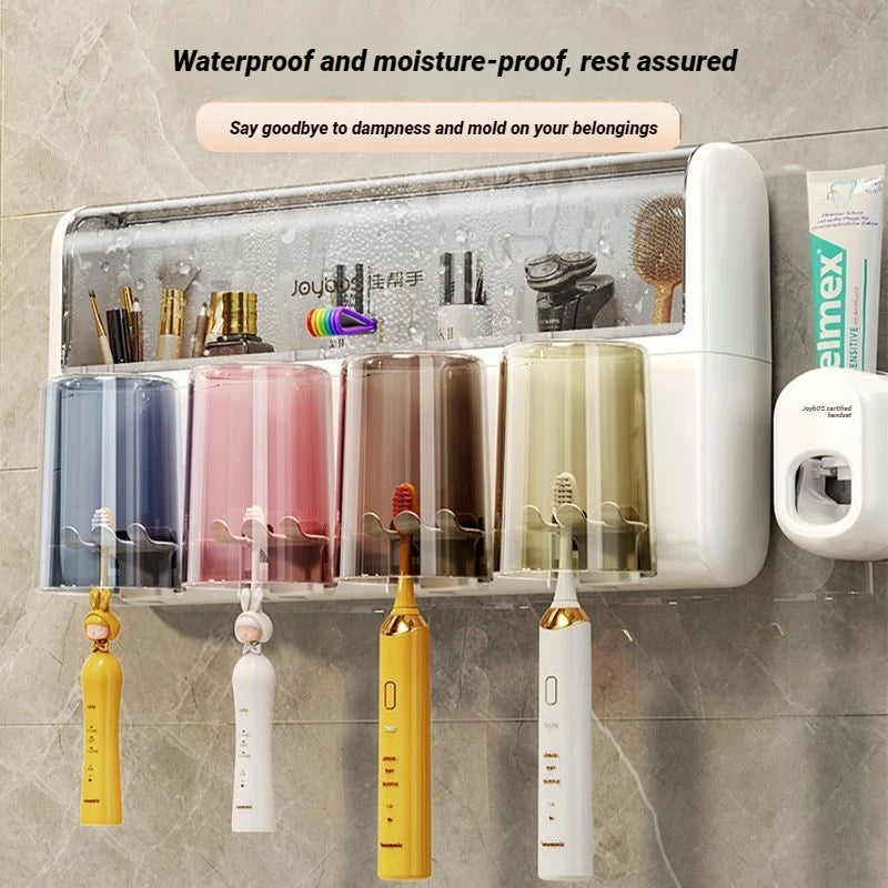 Family Set Toothbrush Holder Wall Mounted No Drill Dust Proof Organizer With Toothpaste Dispenser Bathroom Home Accessories