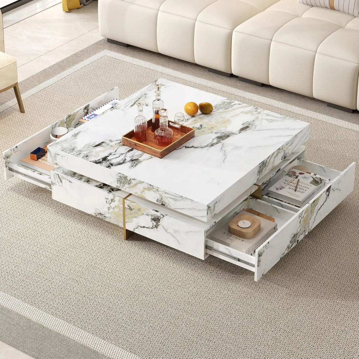 Modern Round Movable Coffee Table with Casters, 2 Drawers, Marble Pattern Sintered Stone Top, White, 29.5",