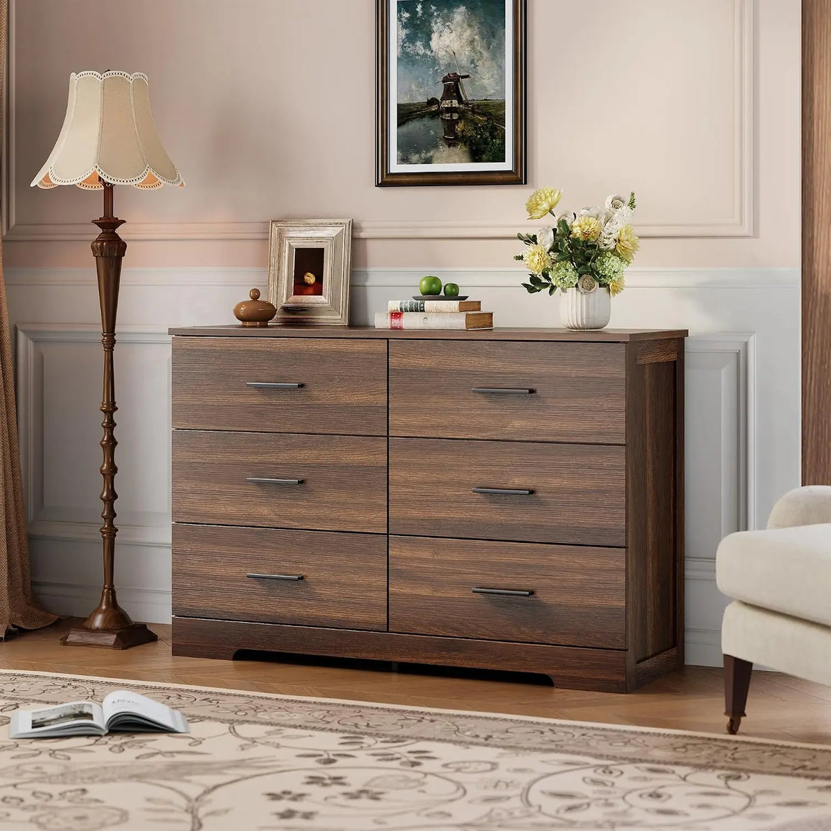 Modern 6 Drawer Dresser White Wood Storage Chest with Metal Handles Bedroom Organizer Cabinet for Living Room Entryway Hallway TV Stand