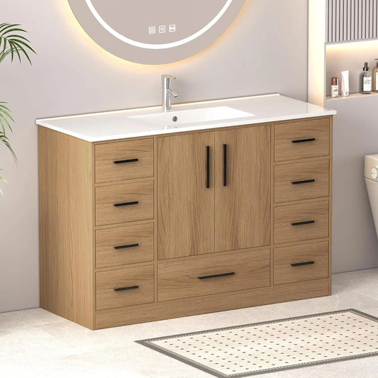 48" Bathroom Vanity with Sink,Single Sink Cabinet with 9 Drawers & 2 Soft-Close Doors, Modern Wood Storage,