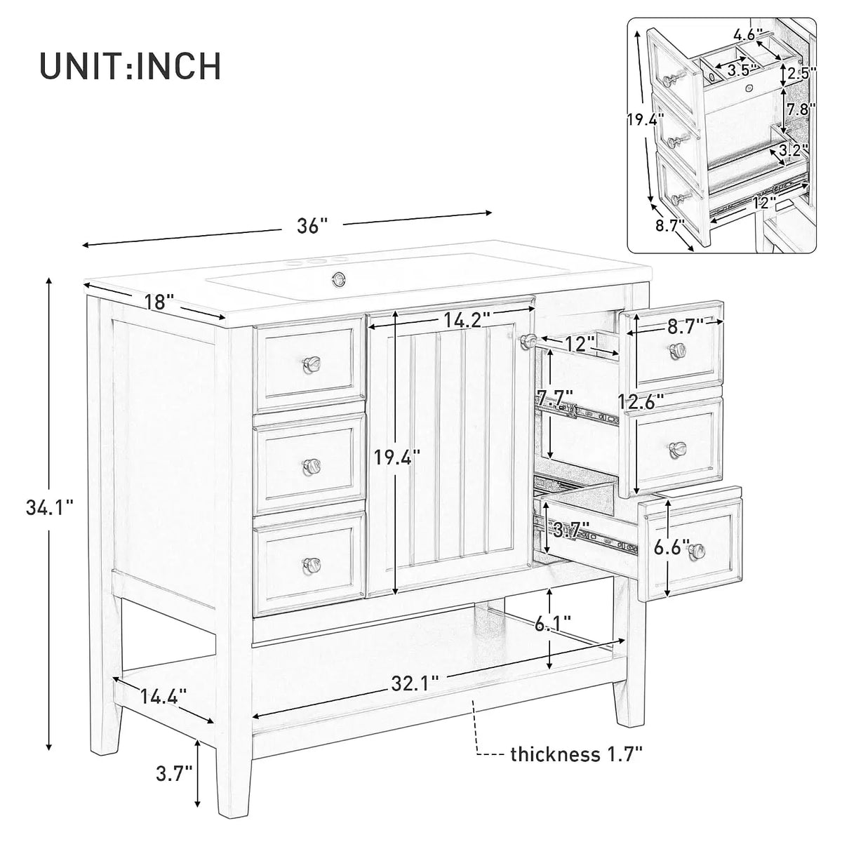 36" Bathroom Vanity with Sink, Free Standing Single Basin Vanity Set with One Cabinet and Three Drawers, Solid Wood