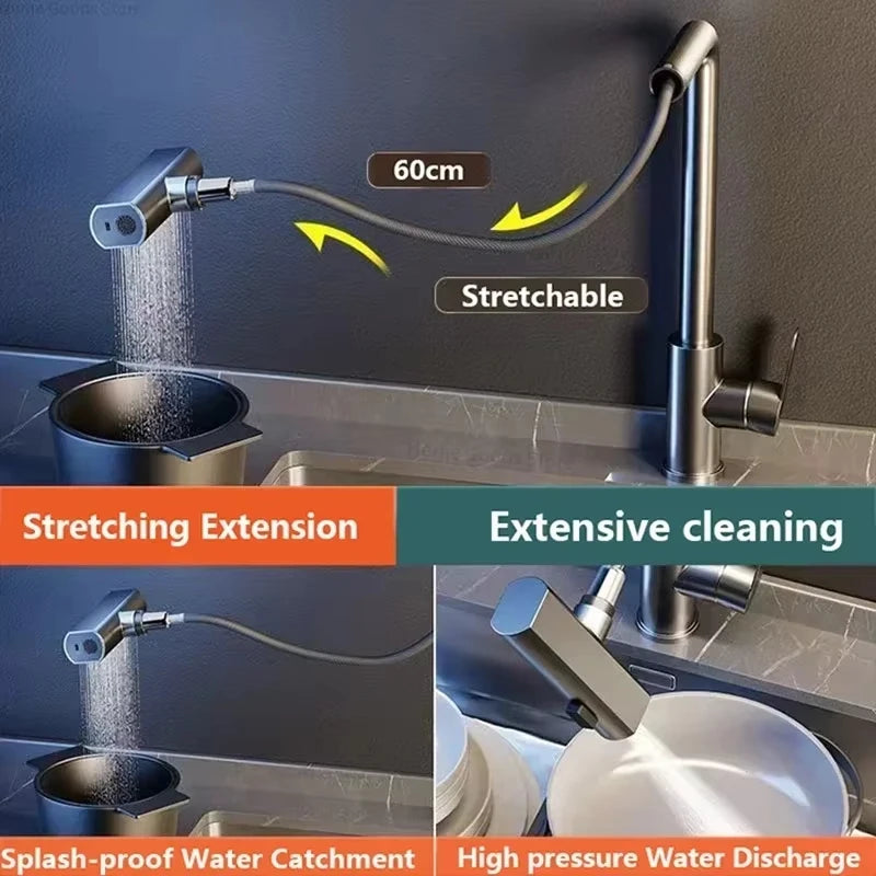 Grey/Silver Pull Out Kitchen Faucet, Flexible Hot and Cold Water Kitchen Sink Mixer Faucet Deck Mounted with Stream Shower Mode