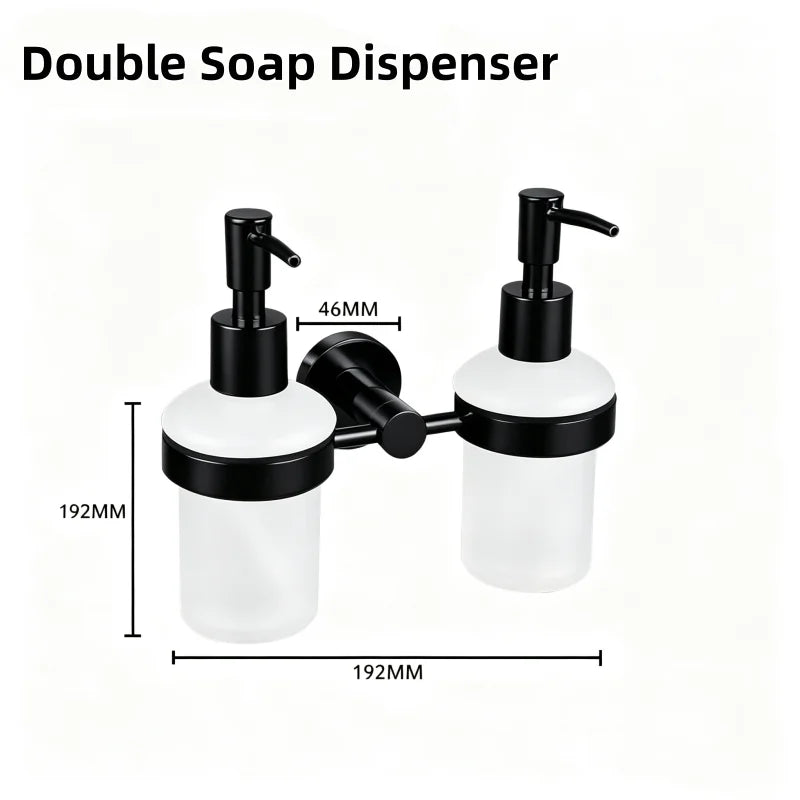 Matt Black Wall-mounted Elegant Bathroom Set Paper Towel Stick Toilet Bathrobe Hook Double Cup Holder Double Soap Dispenser