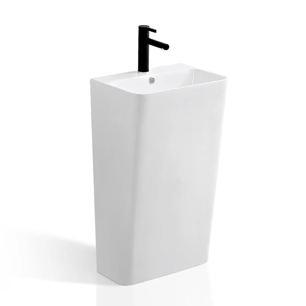 Integrated Pedestal Sink Freestanding Ceramic Wash Basin Small Apartment Bathroom Vanity Narrow Edge Column Washbasin