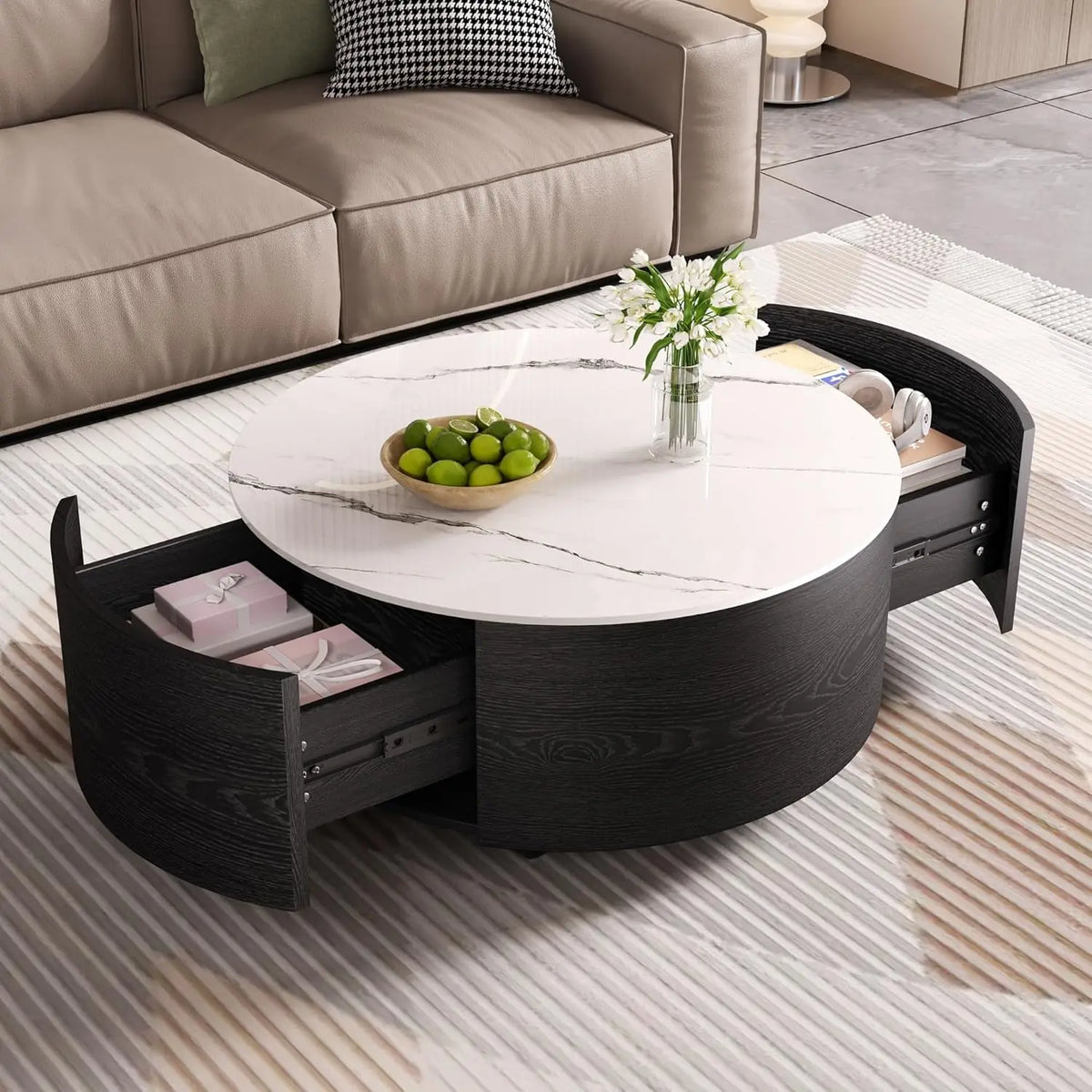Modern Round Movable Coffee Table with Casters, 2 Drawers, Marble Pattern Sintered Stone Top, White, 29.5",