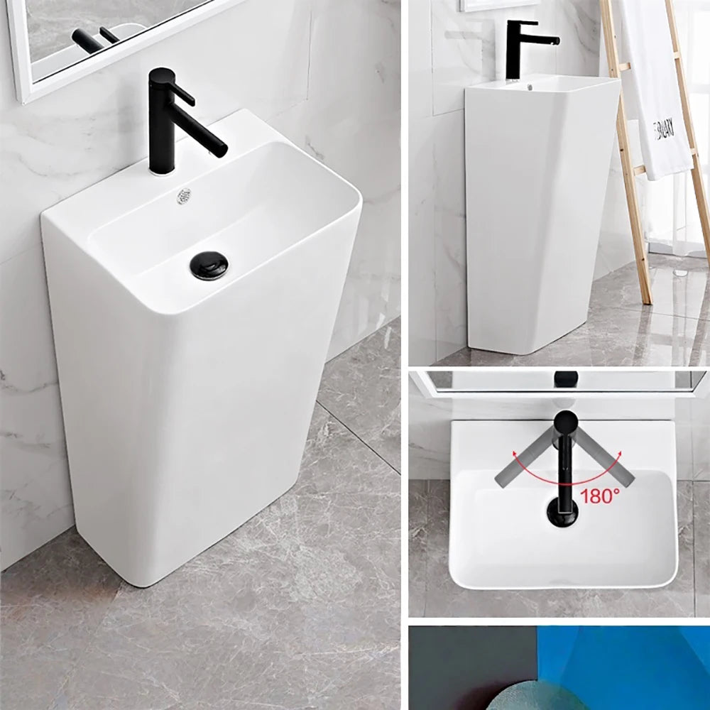 Integrated Pedestal Sink Freestanding Ceramic Wash Basin Small Apartment Bathroom Vanity Narrow Edge Column Washbasin
