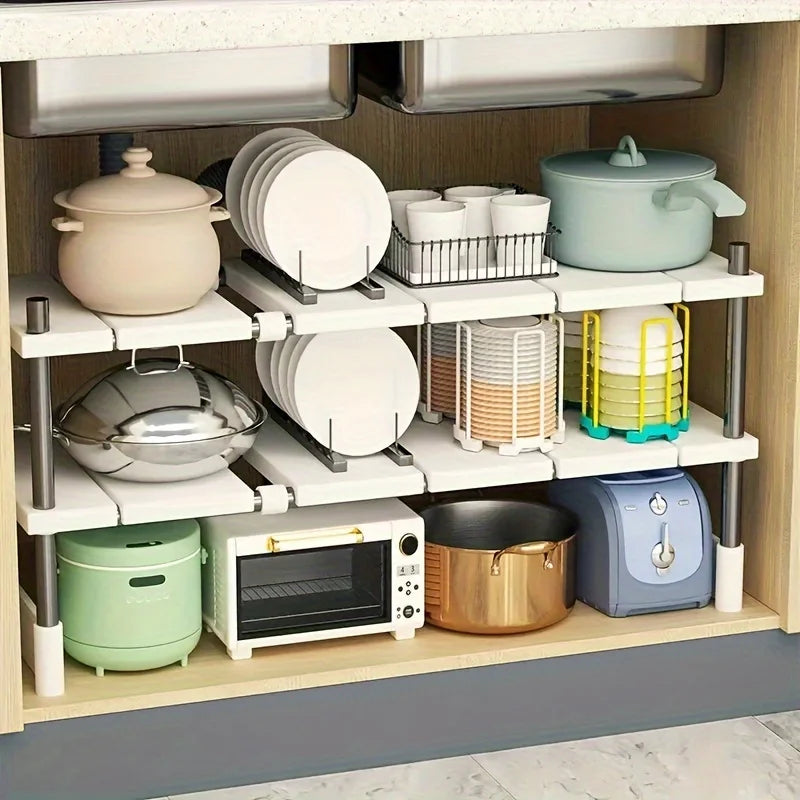 Adjustable Under Sink Storage Rack,Expandable Kitchen & Bathroom Cabinet Organizer, Durable Space-Saving Multi-Layer Pot Holder
