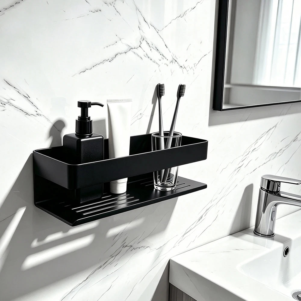 Black Stainless Steel Bathroom Shelf With Drainage Holes Wall Mounted Shower Caddy Organizer Corner Shampoo Storage Rack