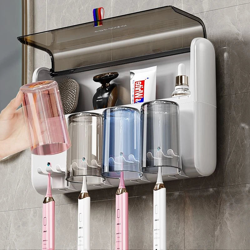 Family Set Toothbrush Holder Wall Mounted No Drill Dust Proof Organizer With Toothpaste Dispenser Bathroom Home Accessories