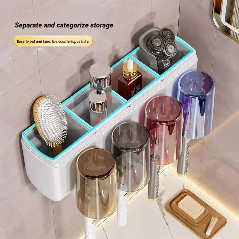 Family Set Toothbrush Holder Wall Mounted No Drill Dust Proof Organizer With Toothpaste Dispenser Bathroom Home Accessories