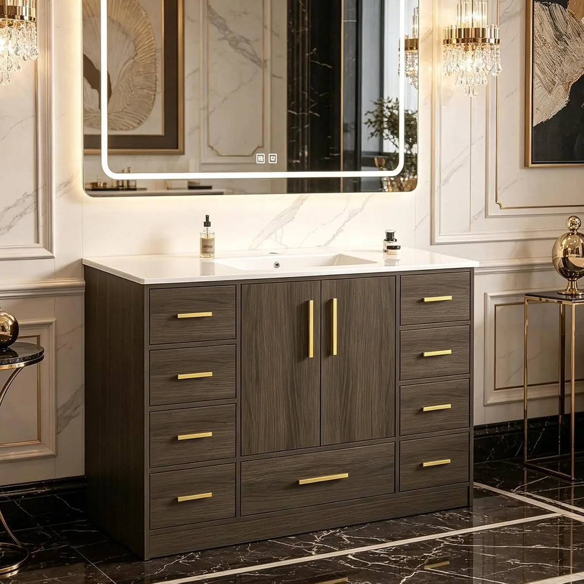 48" Bathroom Vanity with Sink,Single Sink Cabinet with 9 Drawers & 2 Soft-Close Doors, Modern Wood Storage,