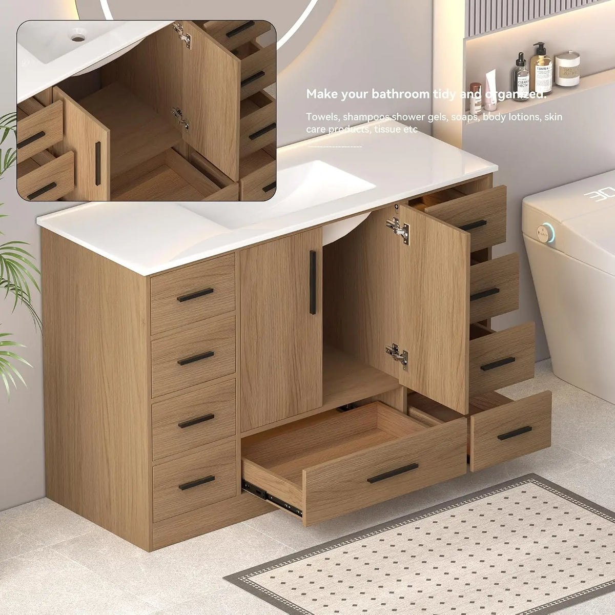 48" Bathroom Vanity with Sink,Single Sink Cabinet with 9 Drawers & 2 Soft-Close Doors, Modern Wood Storage,