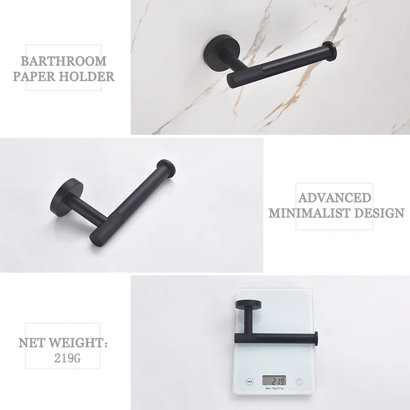Matt Black Wall-mounted Elegant Bathroom Set Paper Towel Stick Toilet Bathrobe Hook Double Cup Holder Double Soap Dispenser