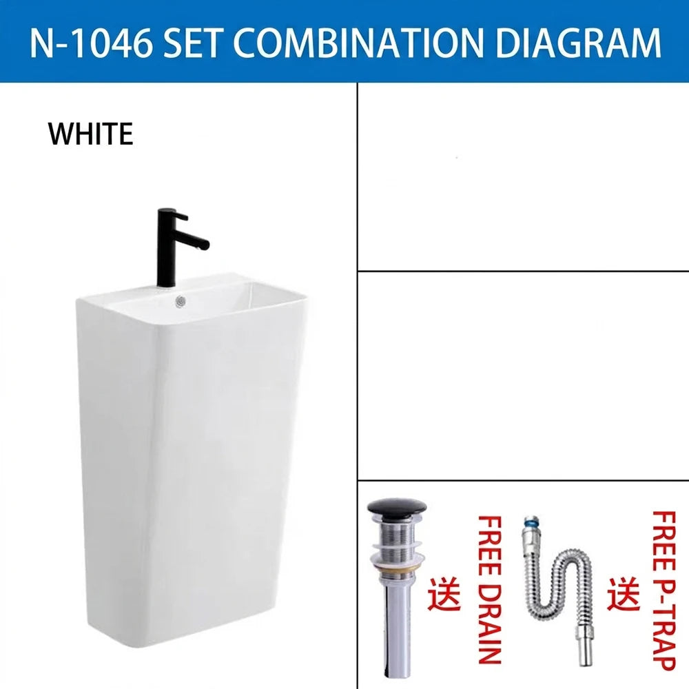 Integrated Pedestal Sink Freestanding Ceramic Wash Basin Small Apartment Bathroom Vanity Narrow Edge Column Washbasin