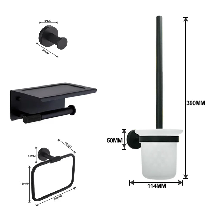 Matt Black Wall-mounted Elegant Bathroom Set Paper Towel Stick Toilet Bathrobe Hook Double Cup Holder Double Soap Dispenser