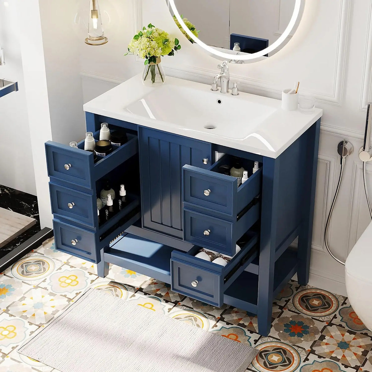 36" Bathroom Vanity with Sink, Free Standing Single Basin Vanity Set with One Cabinet and Three Drawers, Solid Wood