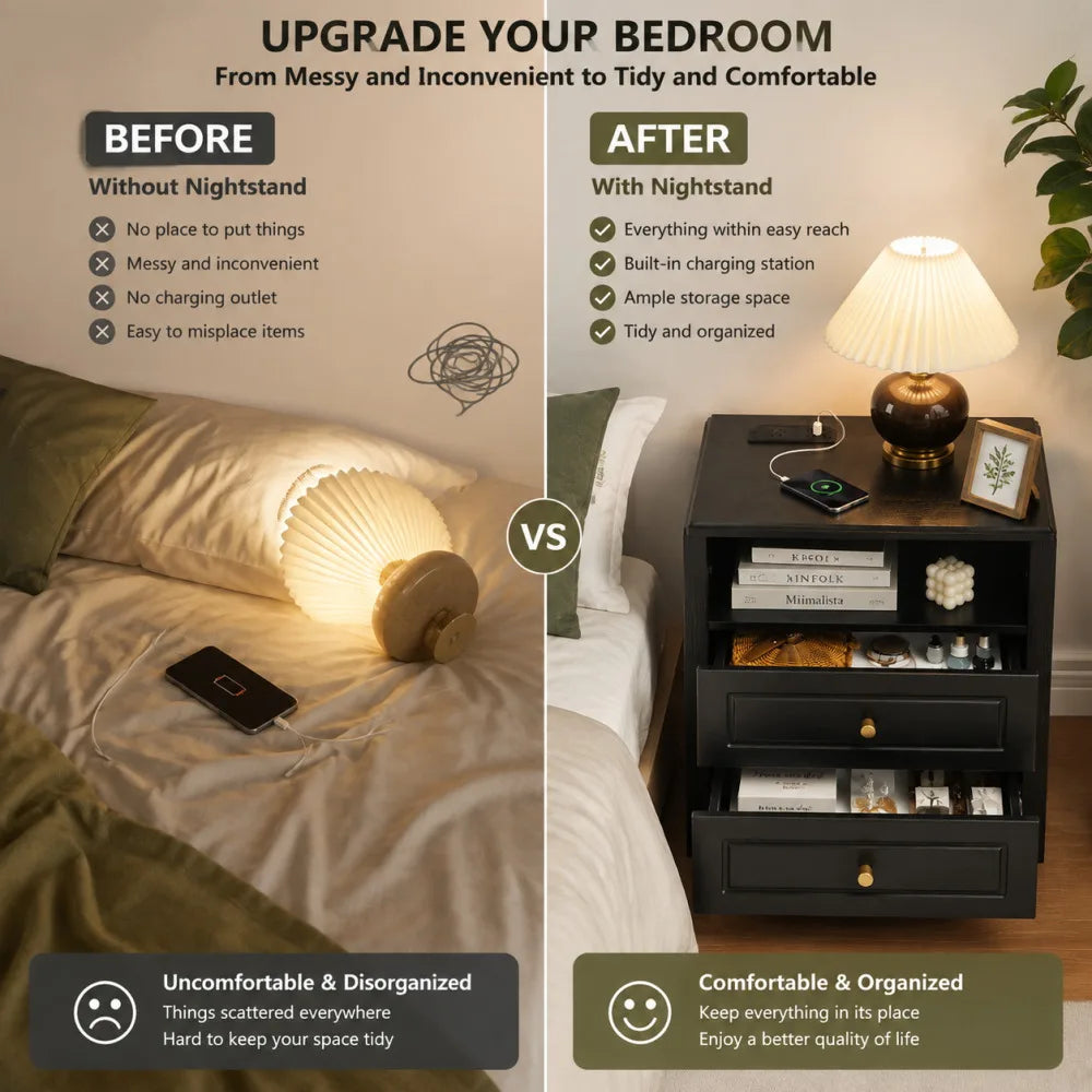 2 Drawer Storage Nightstand with Open Shelf, Modern Bedside Cabinet with Charging Station for Bedroom Home