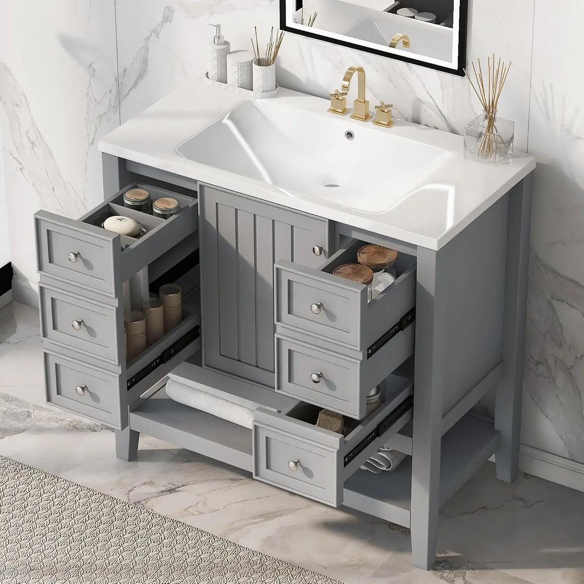 36" Bathroom Vanity with Sink, Free Standing Single Basin Vanity Set with One Cabinet and Three Drawers, Solid Wood