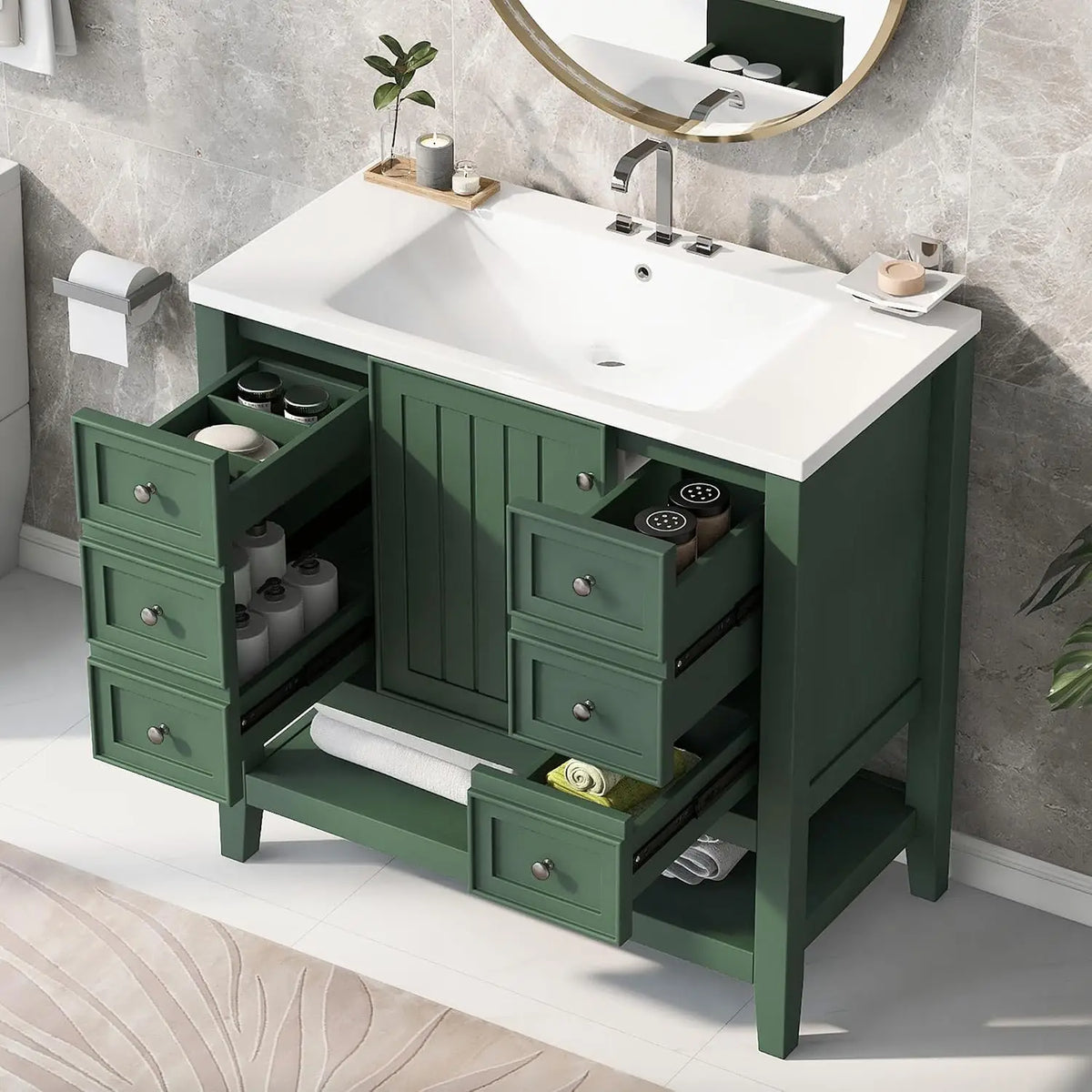 36" Bathroom Vanity with Sink, Free Standing Single Basin Vanity Set with One Cabinet and Three Drawers, Solid Wood