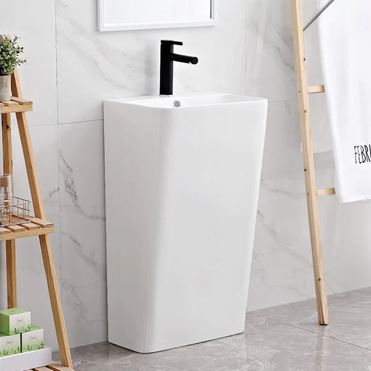 Integrated Pedestal Sink Freestanding Ceramic Wash Basin Small Apartment Bathroom Vanity Narrow Edge Column Washbasin