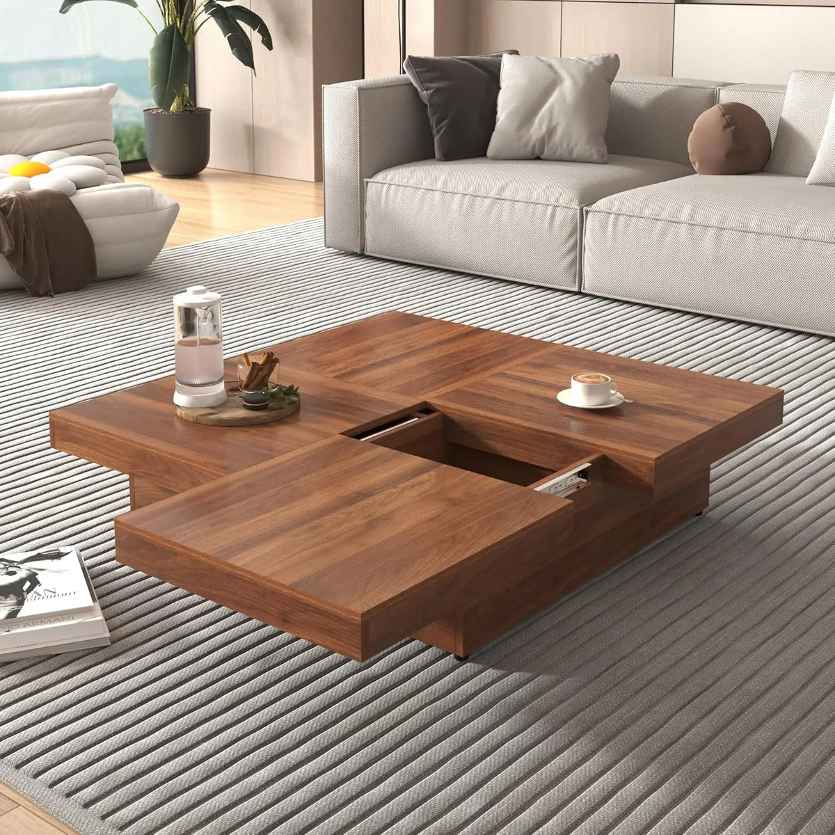 Modern Round Movable Coffee Table with Casters, 2 Drawers, Marble Pattern Sintered Stone Top, White, 29.5",