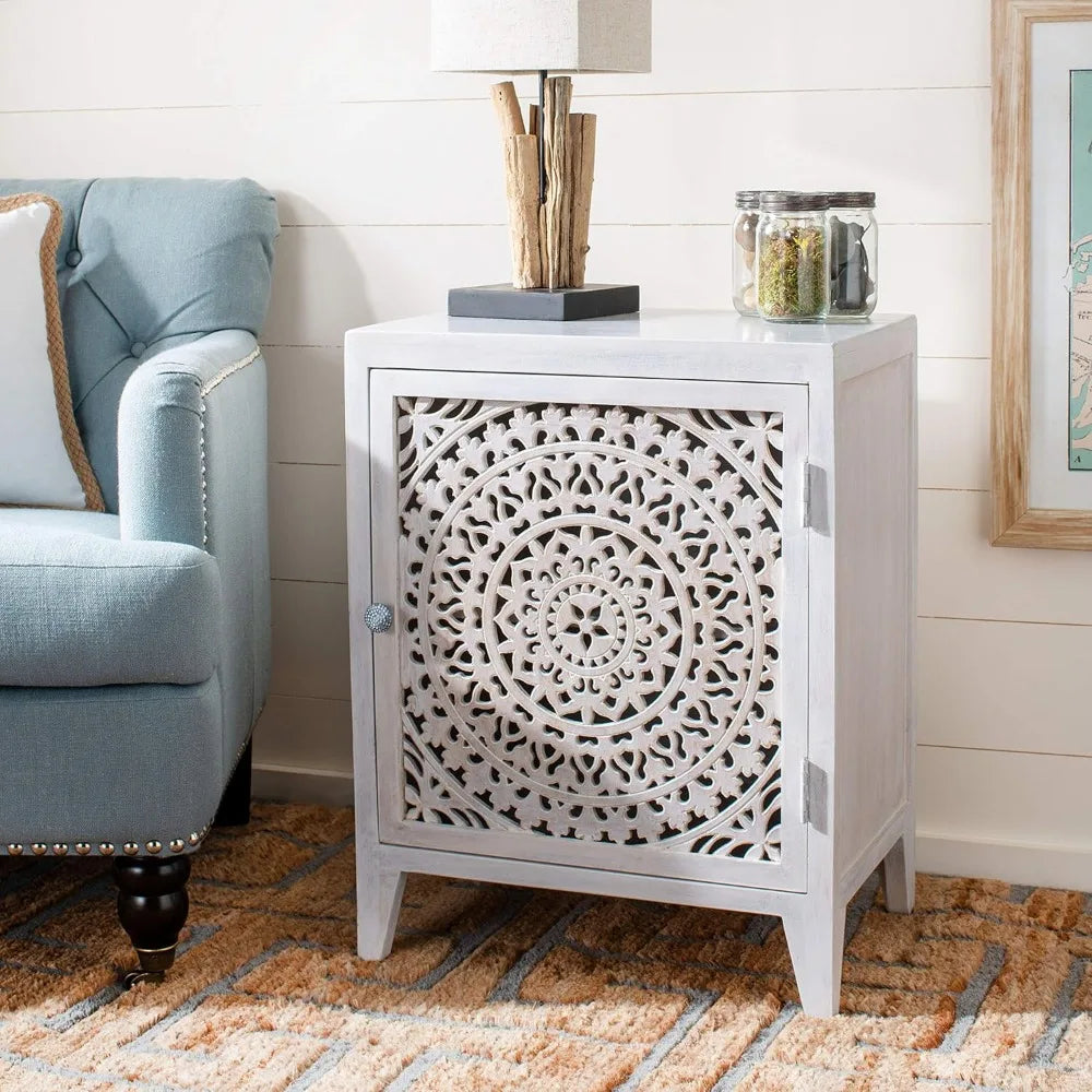 Home Collection – Thea Wash Carved Mandala Door Storage Nightstand, Fully Assembled, Boho Accent Side Table,
