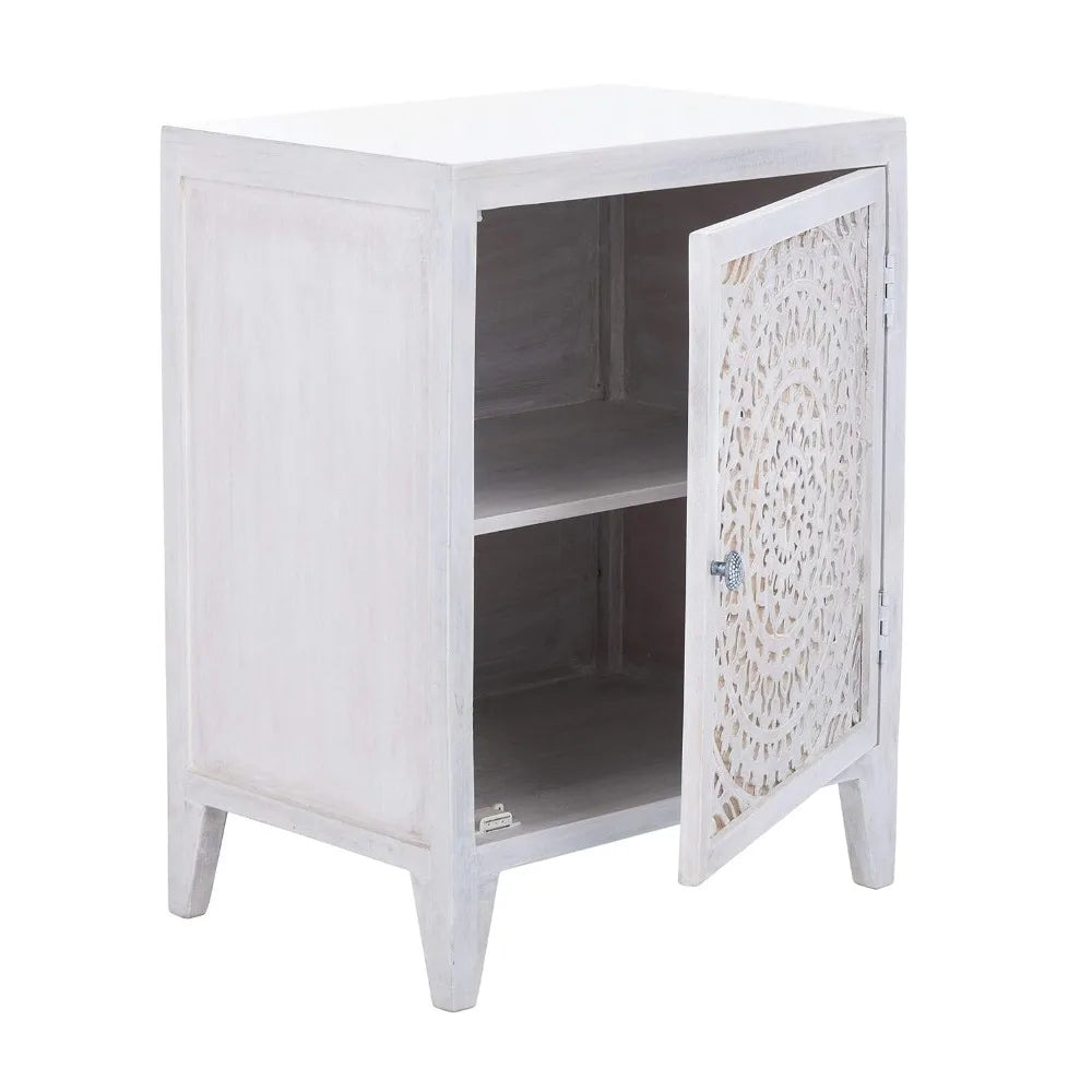 Home Collection – Thea Wash Carved Mandala Door Storage Nightstand, Fully Assembled, Boho Accent Side Table,