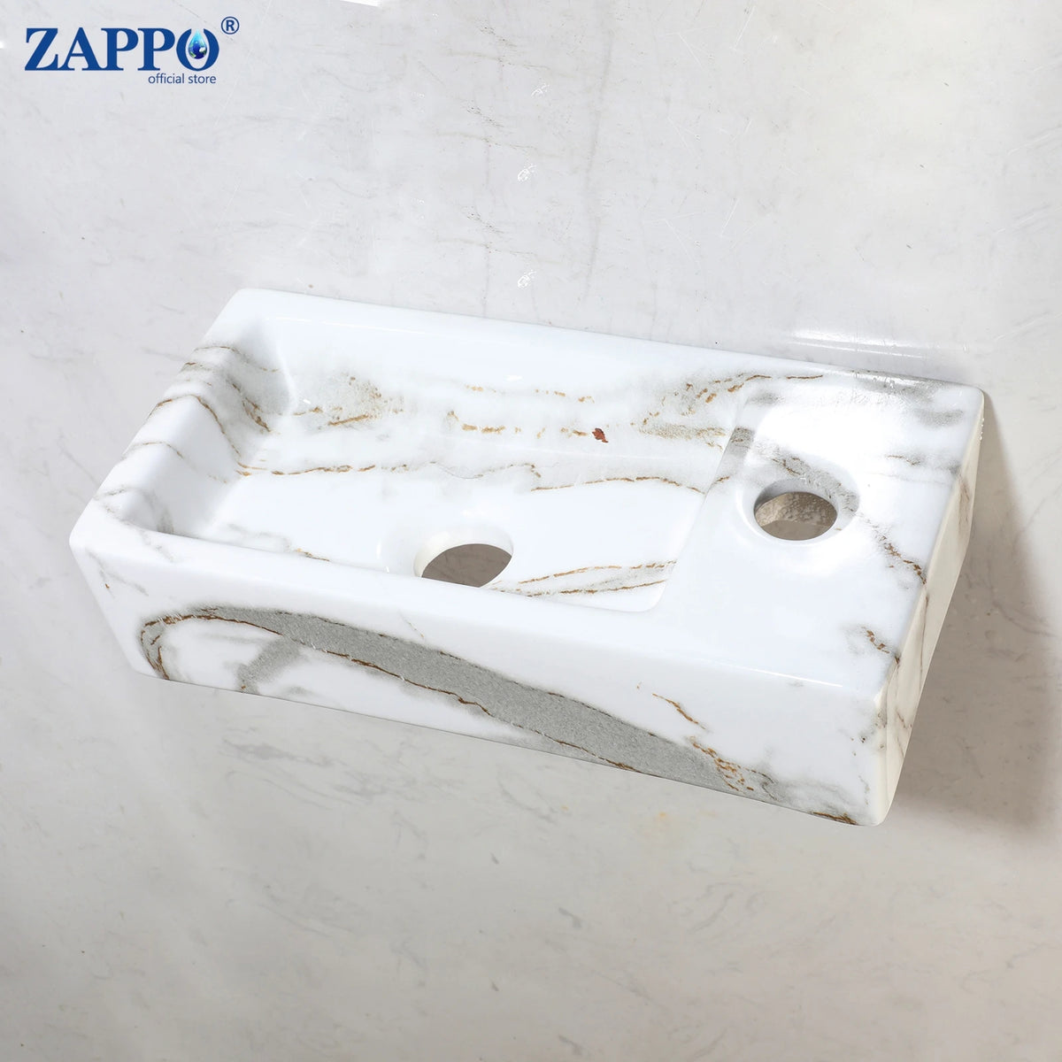 ZAPPO Small Bathroom Sink Marble Wall Hung Basin Sink Rectangle Ceramic Wash Basin Bathroom Vessel Sink Without Faucet Tap