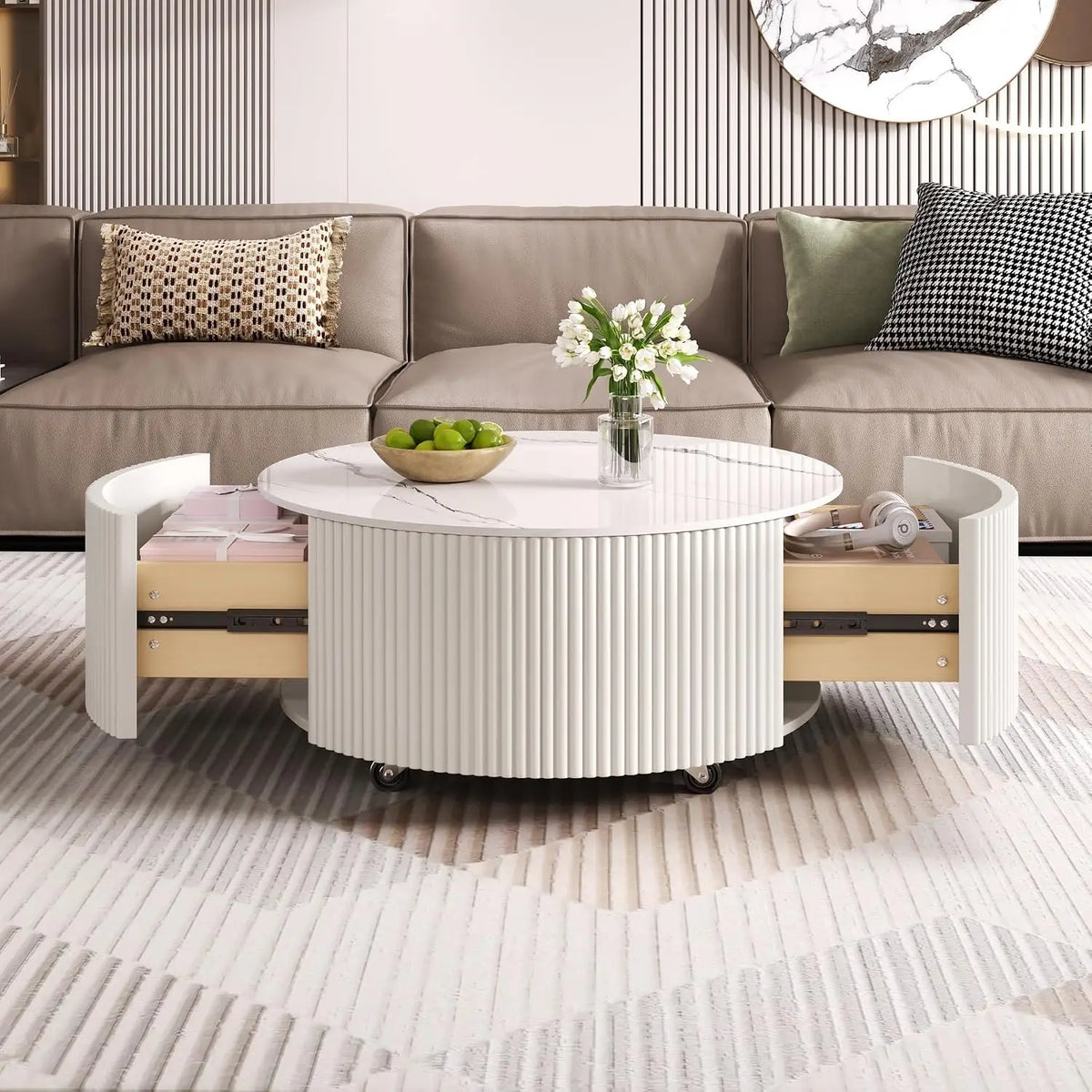 Modern Round Movable Coffee Table with Casters, 2 Drawers, Marble Pattern Sintered Stone Top, White, 29.5",