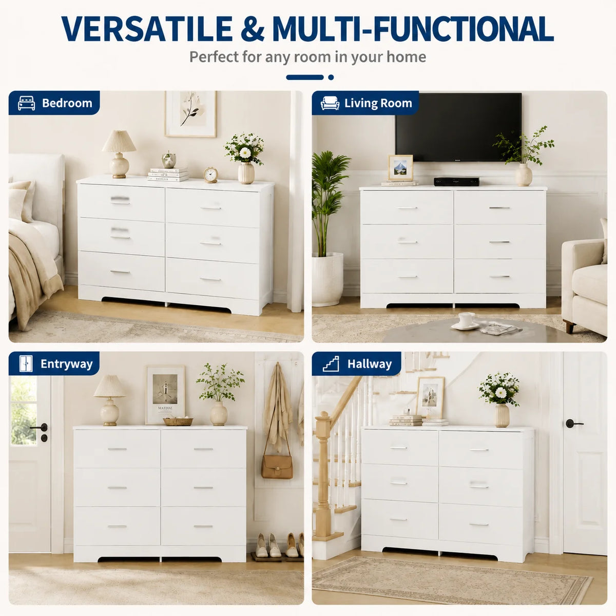 Modern 6 Drawer Dresser White Wood Storage Chest with Metal Handles Bedroom Organizer Cabinet for Living Room Entryway Hallway TV Stand