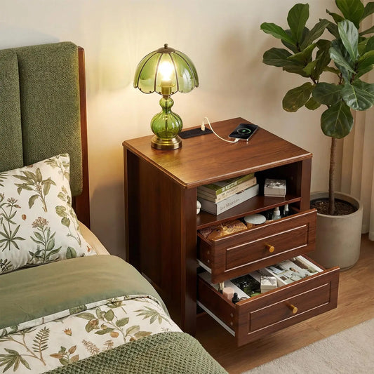 2 Drawer Storage Nightstand with Open Shelf, Modern Bedside Cabinet with Charging Station for Bedroom Home