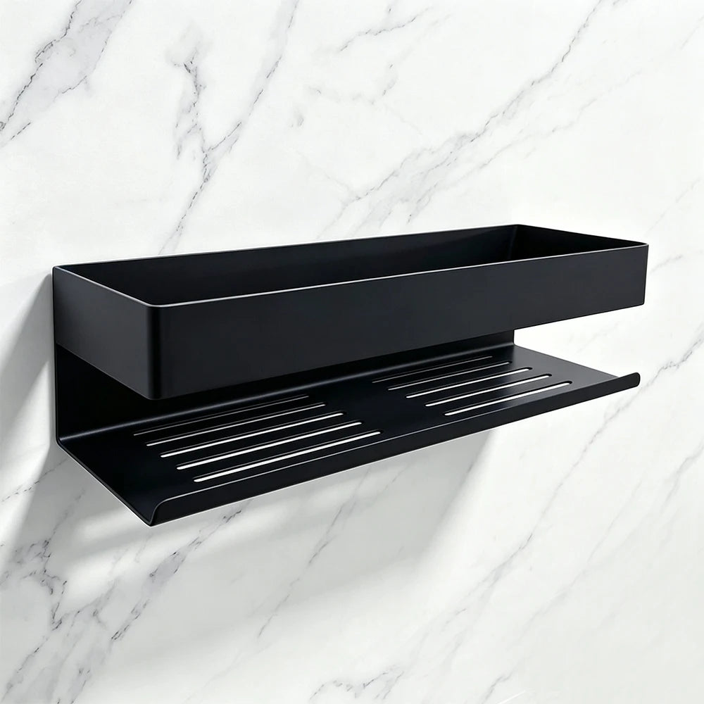 Black Stainless Steel Bathroom Shelf With Drainage Holes Wall Mounted Shower Caddy Organizer Corner Shampoo Storage Rack